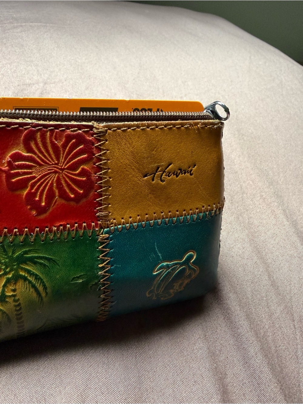 Aloha Hawaii Leather Patchwork Coin Purse Pouch in Teal, Mustard & Red